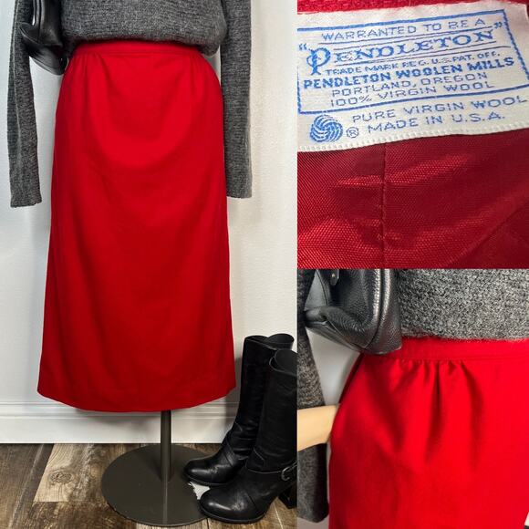 Vintage 70s Pendleton Virgin Wool Red MIDI Skirt Lined - Picture 1 of 10